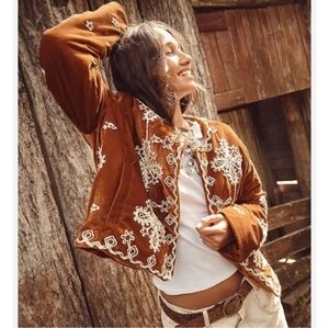 FREE PEOPLE Mia Embroidered Velvet Jacket In Rich Chestnut Brown M NWT